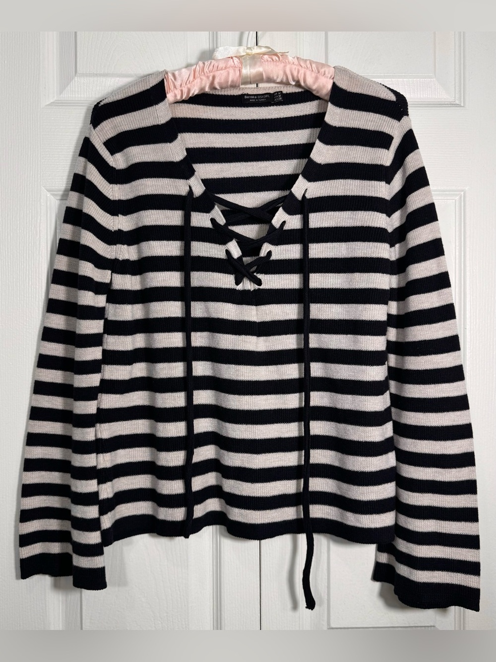 Bershka BSK Girl Striped Lace-Up Knit Sweater Top Navy Cream Size Medium